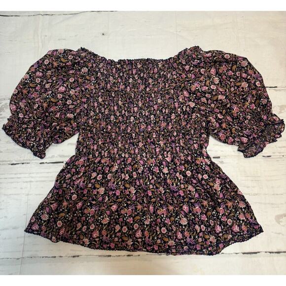 Cottagecore Shirt Small Blue, Pink Floral Smocked Lightweight Stretch Old Navy - Picture 2 of 6